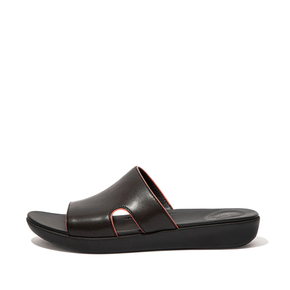 Fitflop Womens Slides Black - H-bar Pop-binding Leather - SJ7658190